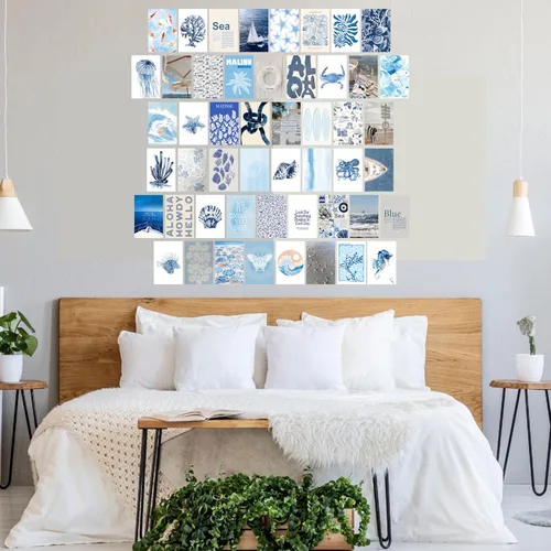 Vista 8 de Arte de pared de surf costero de playa, juego de 50 pósteres e impresiones de collage sin marco, decoración de pared de playa retro azul, decoración
