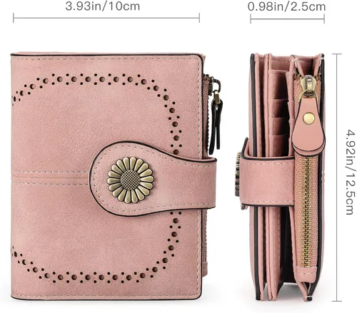 Vista 3 de SENDEFN Carteras pequeñas para mujer, con bloqueo RFID, de cuero, plegable, tarjetero con ventana de identificación, 1-Rosa
