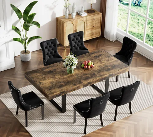 Vista 15 de Juego de mesa de comedor extensible marrón de 63 a 78.74 pulgadas para 4, juego de mesa de comedor de 5 piezas con 4 sillas tapizadas, mesa
