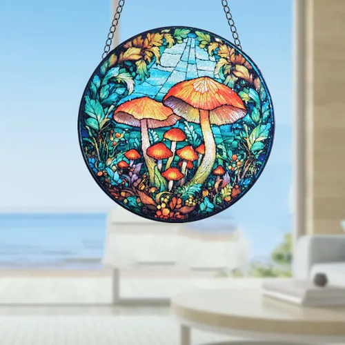Vista 3 de HOTIYOK Vidrieras colgantes de hongos para jardín, diseño de bosque natural para decoración de interiores de cocina, regalos para mujeres, abuela