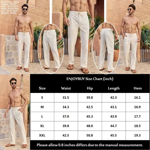 Vista 6 de Enjoybuy Pantalones de lino con cordón para hombre, para playa, golf, cintura elástica, primavera, largos, casuales, sueltos, para yoga, verano