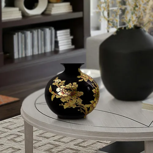 Vista 5 de ECYC Florero de cerámica de mesa hecho a mano brillante peonía pastel floreros de porcelana negra esmalte de cristal floreros decoración del hogar