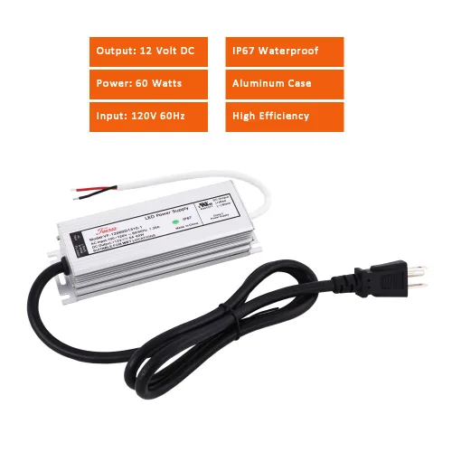 Vista 2 de UL Reconocido 12V LED Driver 60W IP67 impermeable AC DC adaptador 12V 5A fuente de alimentación 120V a 12 voltios transformador de bajo voltaje