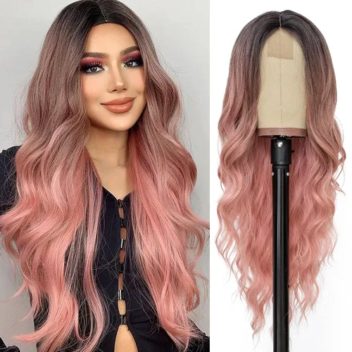 Vista 10 de NAYOO Peluca larga ondulada rubia ombré para mujer, de 26 pulgadas, parte media, rizada, ondulada, de aspecto natural, fibra sintética resistente al