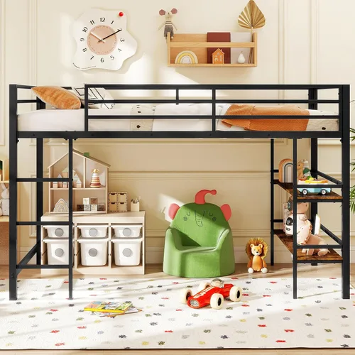 Vista 8 de Giantex Cama baja tipo loft tamaño individual, marco de metal resistente con estantes de almacenamiento, escalera y barandillas de longitud
