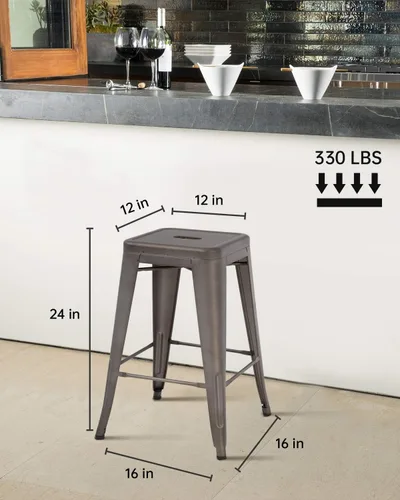 Vista 3 de FDW Juego de 4 taburetes de bar de metal para interiores y exteriores, apilables, modernos taburetes de bar de metal, taburetes de cocina, sillas