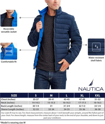 Vista 7 de Nautica Men's Stretch Reversible Midweight Puffer Jacket, Wind and Water Resistant