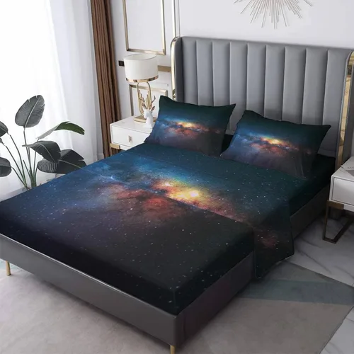 Vista 8 de Sábanas de estrellas tamaño individual, sábanas de puesta de sol, sábanas y fundas de almohada estampadas de 3 piezas, sábana bajera ajustable