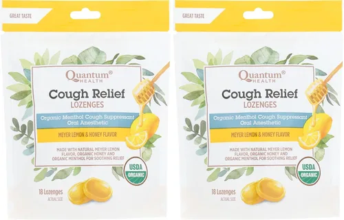Vista 8 de Quantum Health Pastillas orgánicas para aliviar la tos, limón y miel Meyer, supresor natural de la tos de mentol, en bolsas, 18 unidades, amarillo