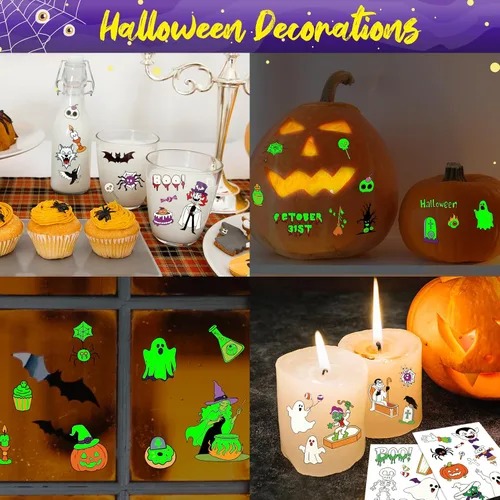 Vista 5 de Leesgel Decoraciones de Halloween – Tatuajes temporales para niños (12 hojas), calcomanías luminosas de tatuaje falso para niños y niñas, regalos
