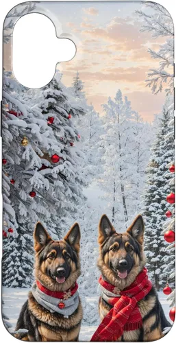Vista 22 de iPhone 16 Lindo perro pastor alemán en paisaje nevado feliz Navidad caso