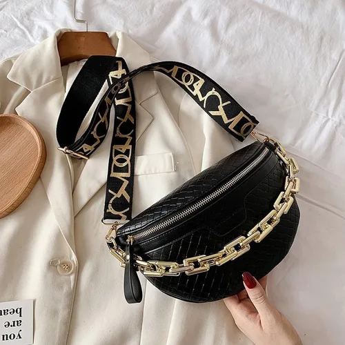 Vista 3 de Riñonera de cadena gruesa para mujer, bolso de cintura de cuero a cuadros, bolso cruzado de hombro, bolsos de pecho de lujo, bolsos de diseñador
