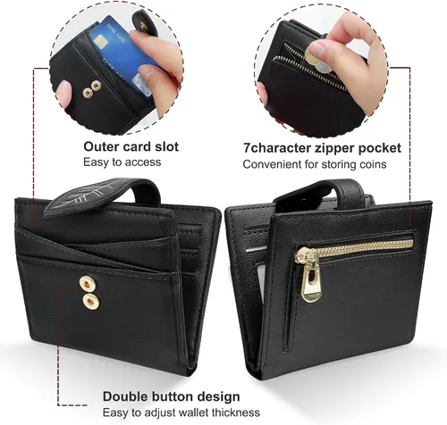 Vista 6 de CONISY Cartera pequeña para mujer, con bloqueo RFID, de piel, delgada, plegable, bolsillo frontal, cartera para mujer con cremallera, Negro, Moderno