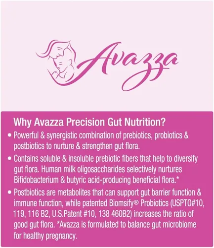 Vista 9 de Fórmula prenatal Avazza con fórmula TriBiom: probióticos + prebióticos + posbióticos para nutrir y estabilizar contra el intestino permeable.