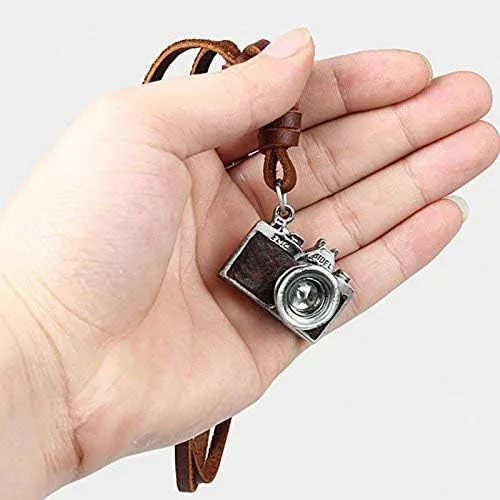 Vista 2 de COOSTUFF ANNA Vintage Hombres Mujeres Joyería Rock Punk Cámara Colgante Cuero Genuino Collar Largo Collar Mujer Regalo Collar Collar Negro, Piel
