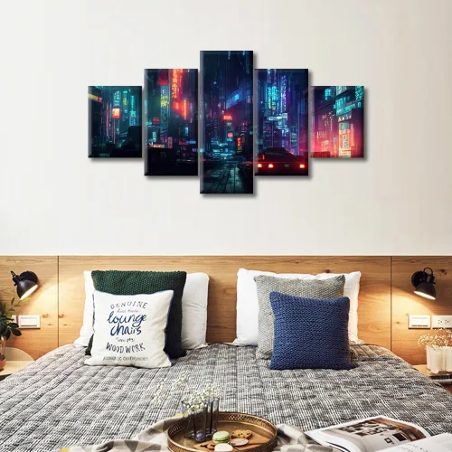 Vista 36 de Cuadros de 5 paneles de Cyberpunk City, arte de pared, representación de vallas publicitarias, edificios modernos en la capital con obras de arte
