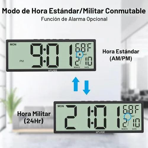 Vista 3 de Reloj de pared digital grande de 14.5 pulgadas, funciona con pilas con números gigantes, DST automático, día, fecha, alarma, temperatura para sala