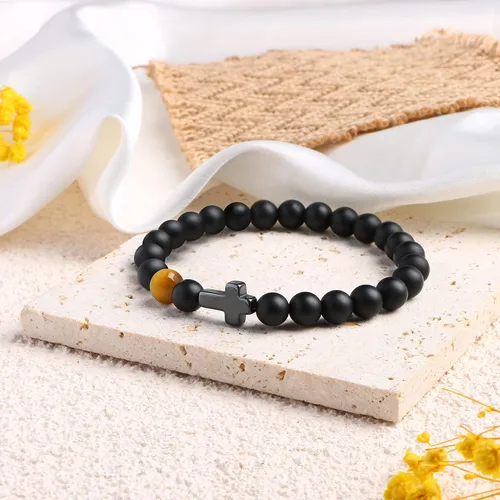 Vista 4 de Pulsera de cruz para hombres, para papá, hijo, nieto, marido, padrino, tío sobrino, hermano, regalo inspirador de ojo de tigre, pulsera curativa