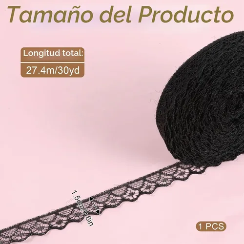 Vista 2 de Rollo de cinta de encaje negro de 30 yardas de 0.6 pulgadas de ancho, tela de flores para decoración de bodas, ramo y embalaje de regalo