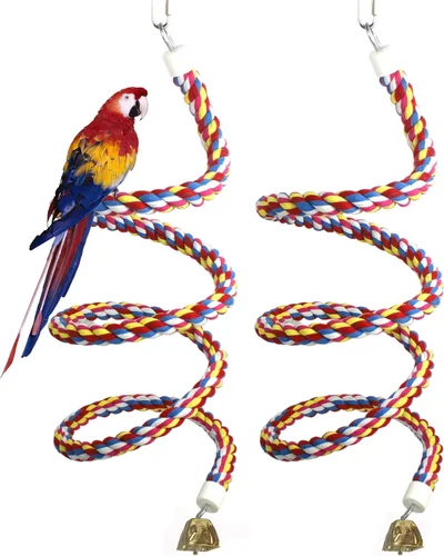 Vista 7 de Perchas de cuerda para pájaros de 63 pulgadas, juguetes de columpio 100% algodón natural para pájaros/masticar con campanas vintage para escalada