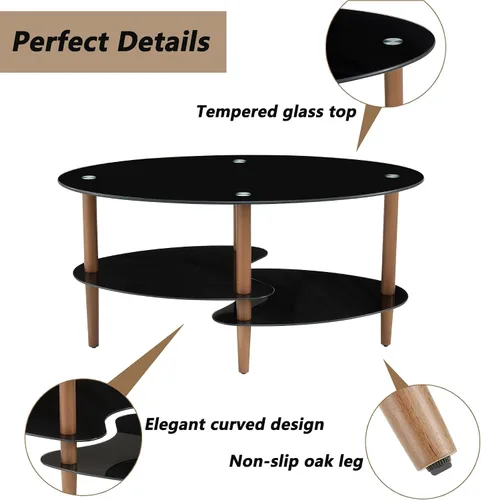 Vista 5 de Mesa de centro de cristal negro, mesa moderna ovalada para sala de estar con almacenamiento, patas de madera de roble, mesa central de vidrio