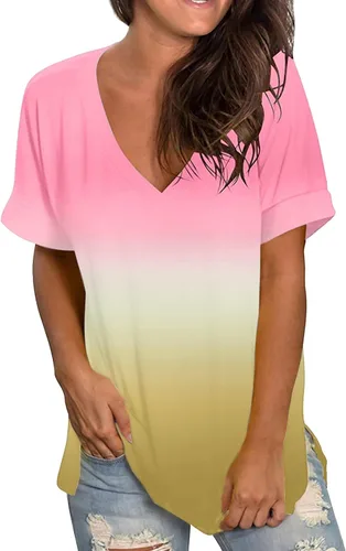 Vista 2 de Camisas para Mujer, Camisetas gráficas, Blusa tipo Estampado degradado,Manga Cuello en V,Camisetas ligeras básicas