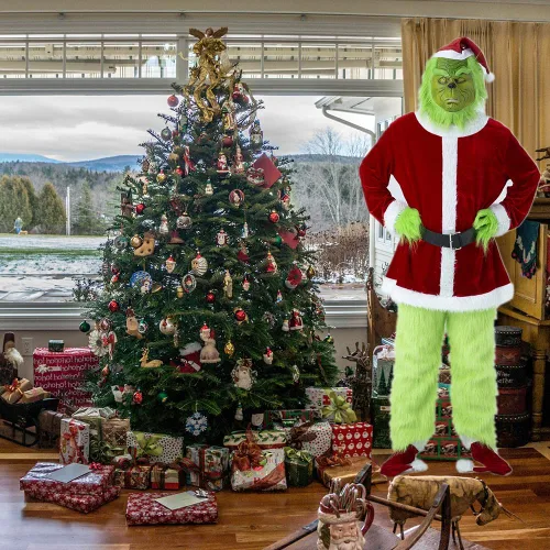 Vista 4 de Itopfox Disfraz de monstruo verde de Navidad, traje de Santa para hombres adultos para Navidad con máscara