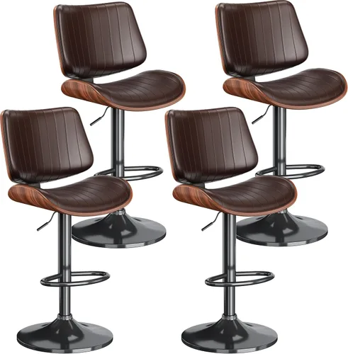 Vista 16 de Juego de 1 taburetes de bar giratorios de madera curvada ajustables para encimera de cocina, moderna silla de bar tapizada de piel sintética