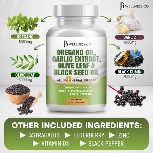 Vista 4 de JB Wellness Aceite de orégano, extracto de ajo, hoja de olivo, con astrágalo, suplemento de apoyo inmunológico y salud digestiva para mujeres