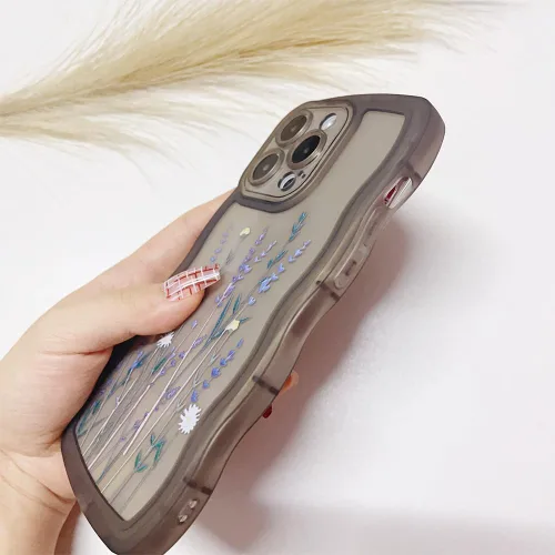 Vista 5 de Funda compatible con iPhone 15 Pro Max, bonita funda ondulada con flores transparentes, funda protectora estética floral de TPU suave para iPhone 15