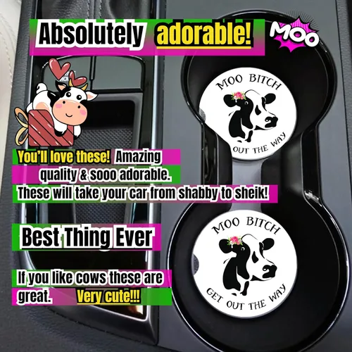 Vista 5 de Posavasos de vaca para coche para portavasos - 2 unidades, lindos accesorios de vaca para mujer con estampado de vaca, divertidos artículos de vacas
