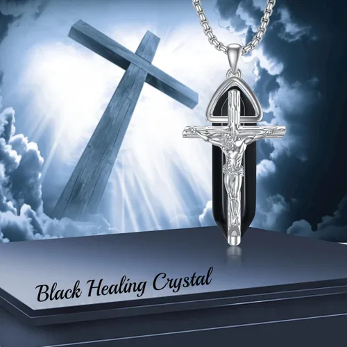 Vista 6 de PELOVNY Collar de plata de ley con cruz de cristal para hombres y mujeres, collar con colgante de crucifijo de Jesucristo, joyería religiosa