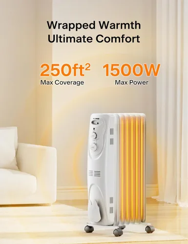 Vista 10 de PELONIS Calentador de radiador para grandes espacios, radiador eléctrico lleno de aceite, dos perillas, 1500 W, calentador de espacio silencioso, 3