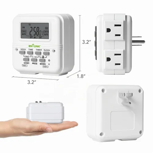 Vista 8 de BN-LINK Temporizador de luz digital para interiores, enchufe programable de 7 días con 2 salidas independientes de 3 clavijas, para lámparas