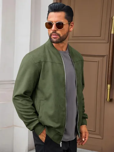 Vista 3 de Runcati Chaqueta bomber de gamuza para hombre, con cremallera completa, casual, softshell, chaqueta universitaria, ligera, vintage, abrigo de otoño