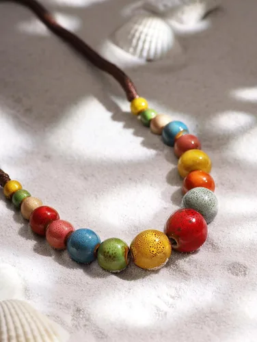 Vista 4 de MINACHI Hippie Boho - Collar de cuentas redondas de cerámica colorida, estilo bohemio, regalo de joyería para mujer