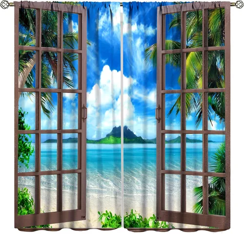 Vista 9 de Cortinas con Vista Natural, Estampado de Patrón de Río y Bosque Hermoso para Ventana, Cortinas Oscuras Aisladas para Dormitorio o Sala de 2 Paneles