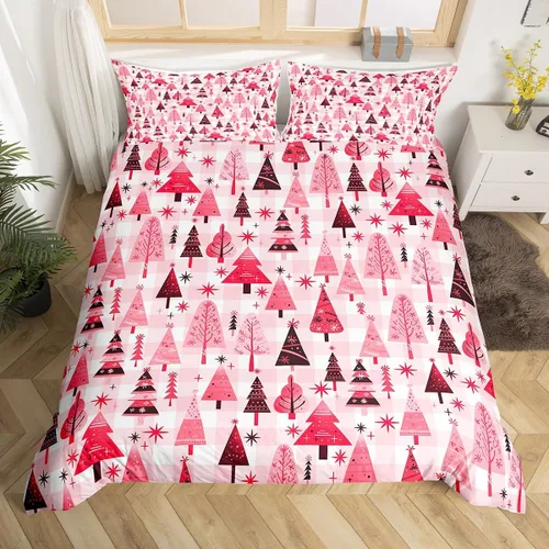 Vista 14 de Juego de funda de edredón con diseño de ciervo de cabaña, tamaño twin, juego de ropa de cama rústica de tablón de madera de árbol de Navidad