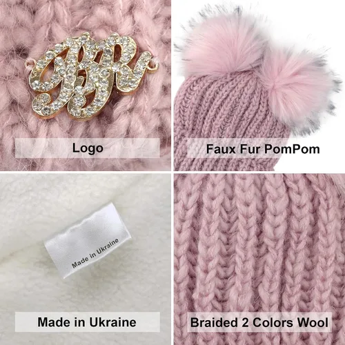 Vista 5 de Braxton Beanie - Gorro de lana para mujer, con 2 orejas de pompón, de punto trenzado, para invierno, para esquí al aire libre