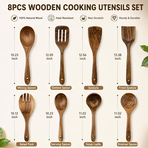 Vista 9 de Juego de utensilios de cocina de madera de teca prémium de 8 piezas, resistentes al calor, ligeras y resistentes, cucharas de madera para utensilios