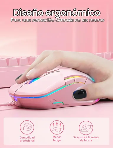 Vista 5 de Ratón con cable USB, ratón de ordenador con iluminación RGB, 4 DPI ajustables, ratón óptico ergonómico de oficina, 7 botones con cable para Rosa
