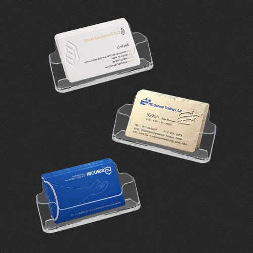 Vista 4 de HSYMQ Soporte de acrílico para tarjetas de visita para escritorio, soporte de plástico transparente para tarjetas de visita, se adapta a 30-50