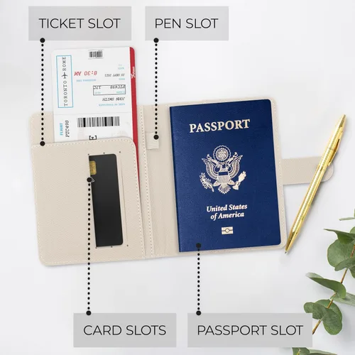 Vista 5 de Hermoso soporte para pasaporte para viajes, bonita funda con soporte para bolígrafo para mantener tus documentos de viaje organizados y seguros