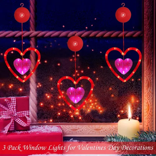 Vista 2 de Decoraciones de San Valentín, paquete de 3 luces de ventana de San Valentín, funciona con pilas, luces de corazón rojo y rosa con gancho de ventosa