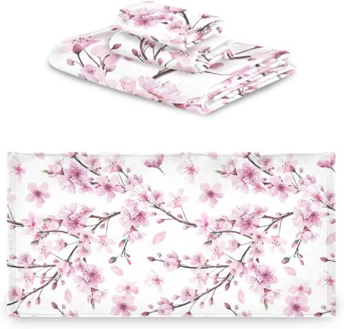Vista 2 de Pfrewn Juego de 3 toallas de baño con diseño de flores de cerezo con flores de cerezo, toallas de baño suaves y absorbentes, toallas de mano