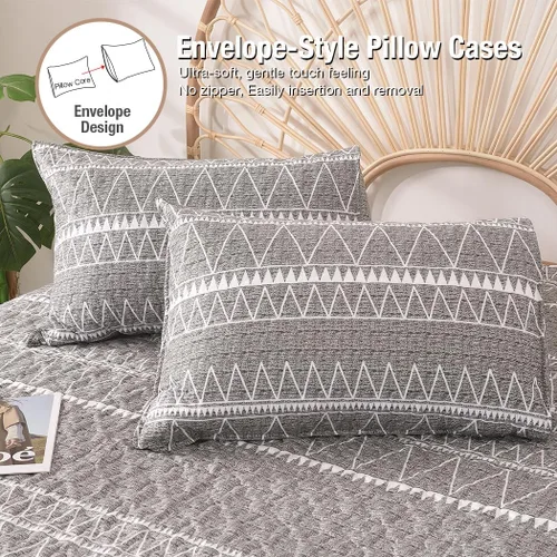 Vista 3 de Lekesky Juego de edredón gris tamaño Queen, 3 piezas (1 edredón + 2 fundas de almohada), edredón bohemio reversible ligero de microfibra suave
