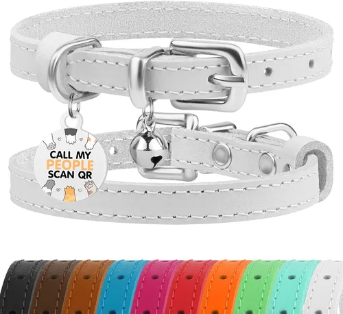 Vista 22 de BRONZEDOG Collar de cuero para gato con campanas extraíbles sin liberación rápida, etiqueta QR para gatito para niña y niño