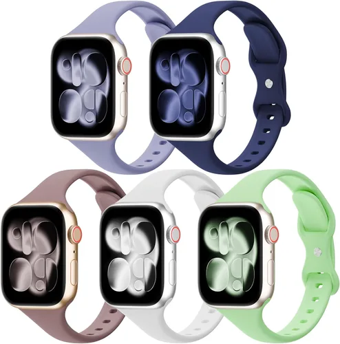 Vista 17 de Paquete de 5 bandas de silicona delgadas compatibles con Apple Watch de 38mm 42mm 40mm 44mm 41mm 45mm 46mm 49mm, correa deportiva estrecha y delgada