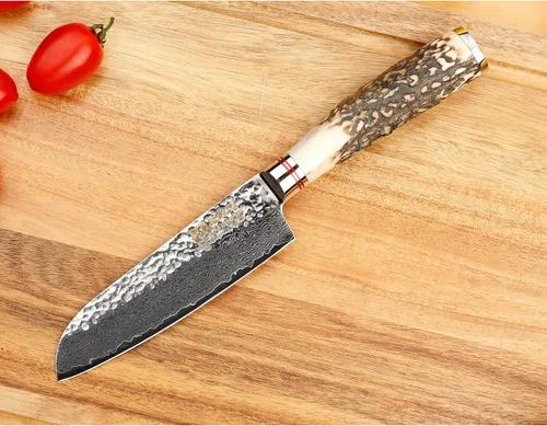 Vista 6 de SUNLONG Santoku - Cuchillos de 5 pulgadas con mango de cuernos naturales de Damasco martillado japonés
