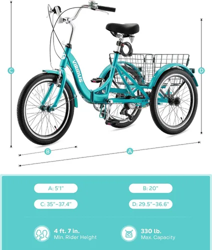 Vista 7 de VIRIBUS Triciclo plegable para adultos, triciclo plegable de 20 pulgadas para adultos de 1 o 7 velocidades con cesta, bicicletas plegables de 3